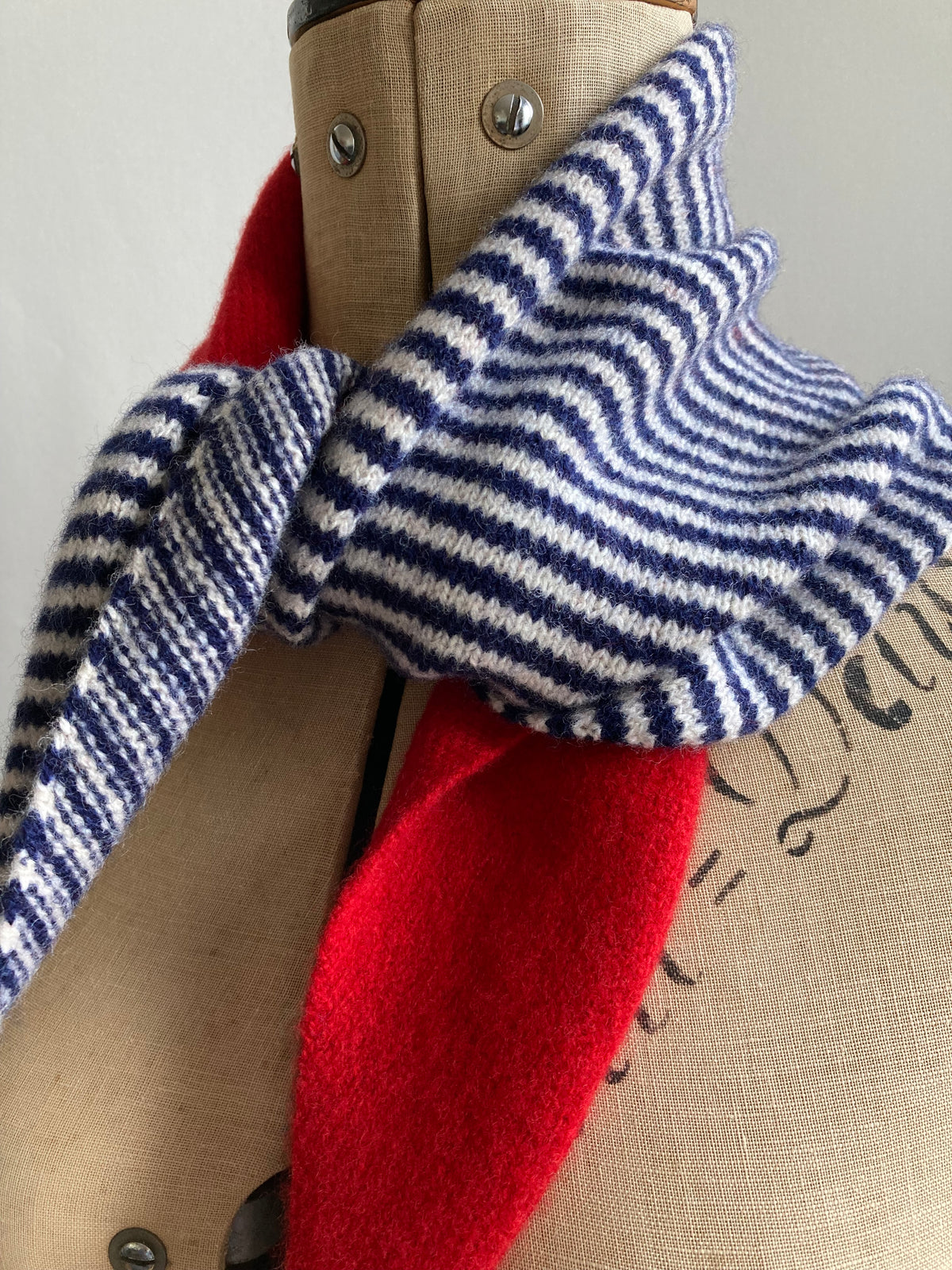 Lipstick Red & College Blue-Ivory Stripe: Lambswool Neckerchief Scarf - Ava