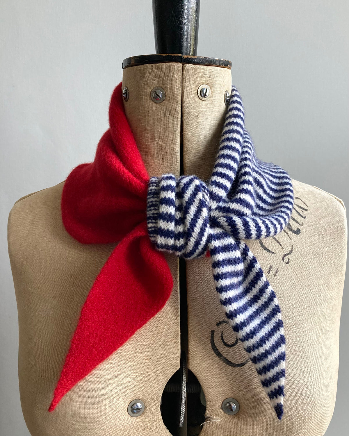Lipstick Red & College Blue-Ivory Stripe: Lambswool Neckerchief Scarf - Ava