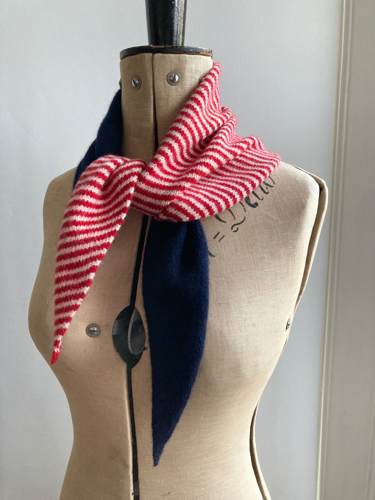 Dark Navy & Lipstick Red-Ivory Stripe: Lambswool Neckerchief Scarf - Ava