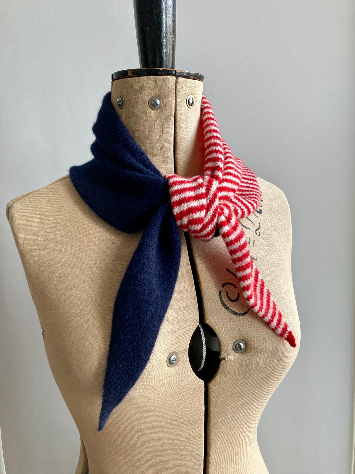 Dark Navy & Lipstick Red-Ivory Stripe: Lambswool Neckerchief Scarf - Ava