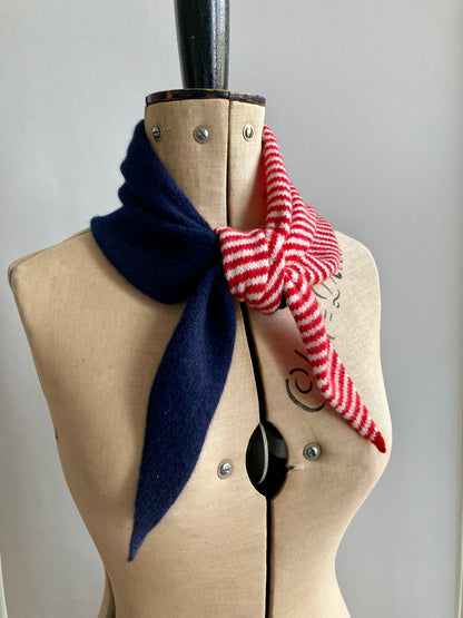 Dark Navy & Lipstick Red-Ivory Stripe: Lambswool Neckerchief Scarf - Ava