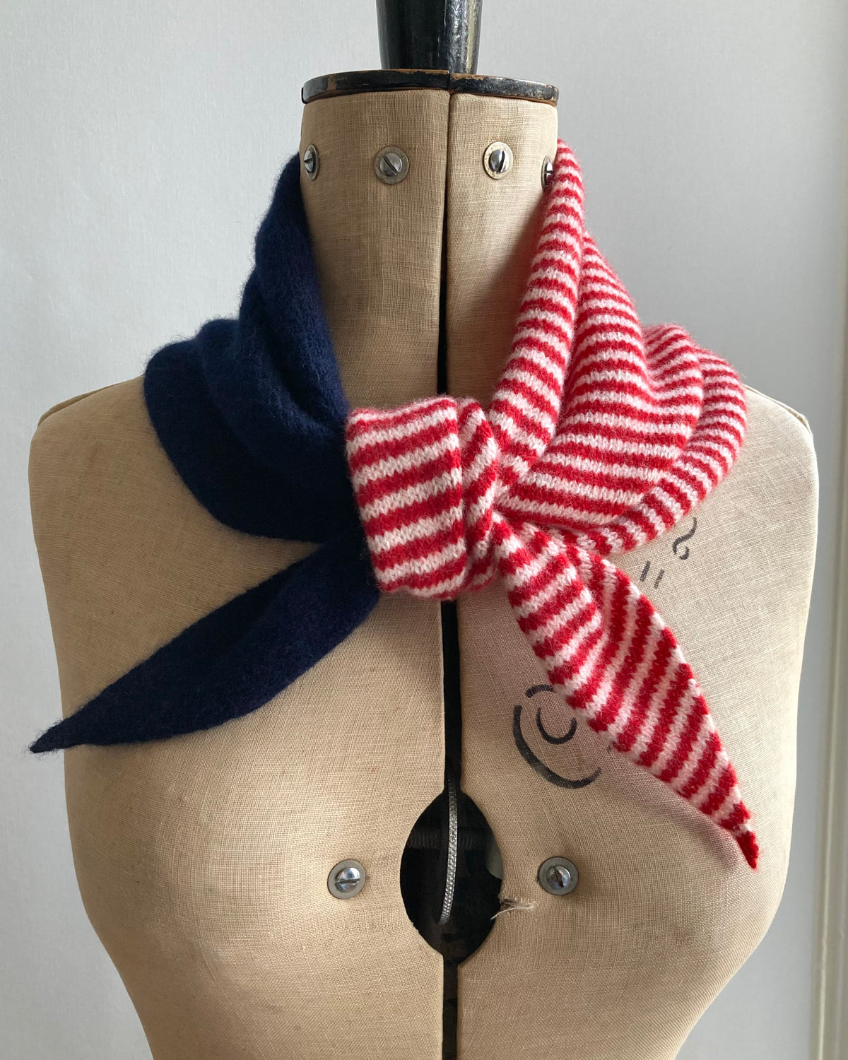 Dark Navy & Lipstick Red-Ivory Stripe: Lambswool Neckerchief Scarf - Ava